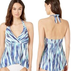 24th & Ocean Women's Blue White Abstract Faux Wrap Top Halter Tankini Top Small